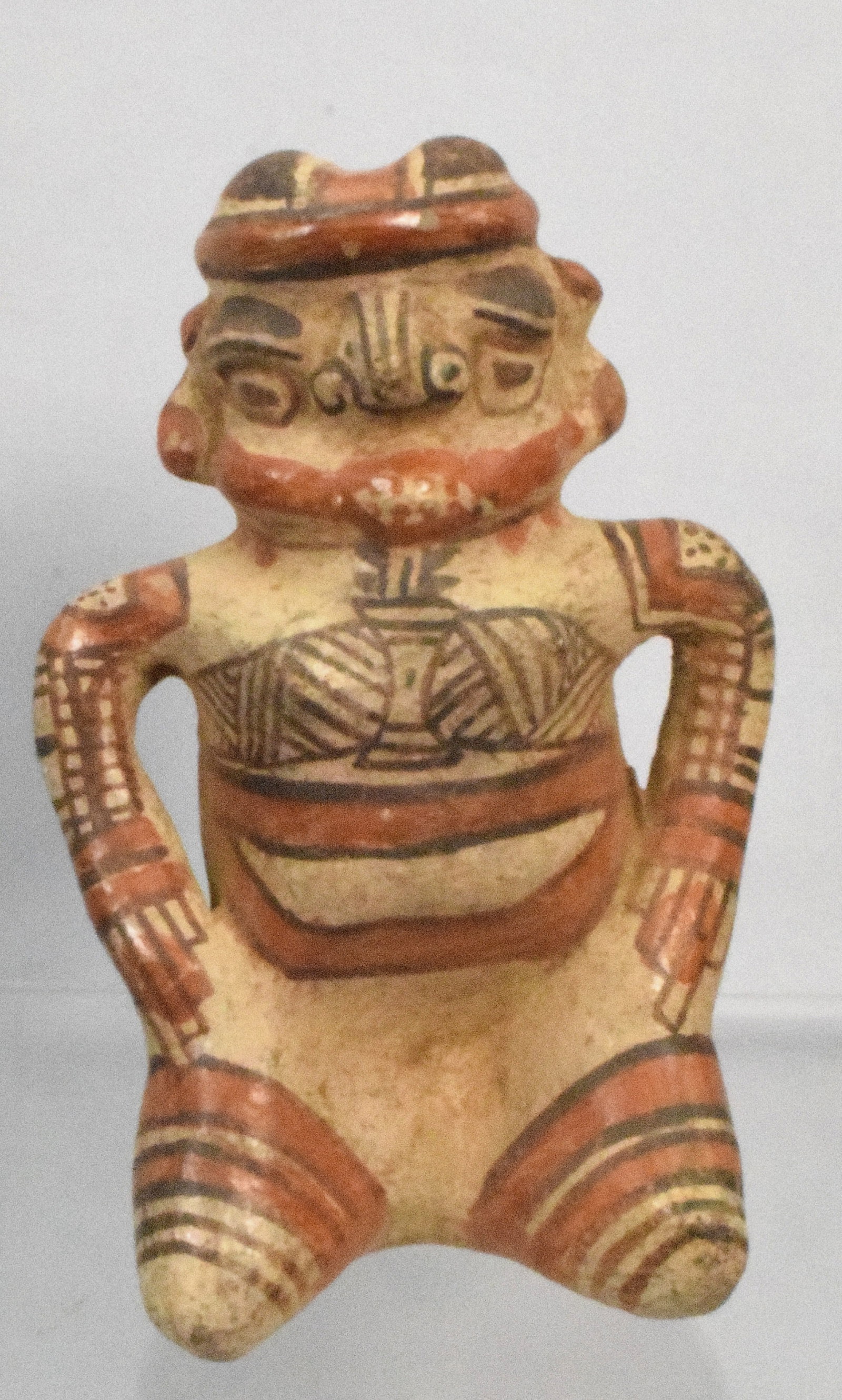 PRE-COLUMBIAN NICOYA POLYCHROME FIGURE: Pre-columbian pottery seated figure. Nicoya polychrome figure. Believe Costa Rican. 7 3/8 tall x 4 1/2 inches wide. Wear.