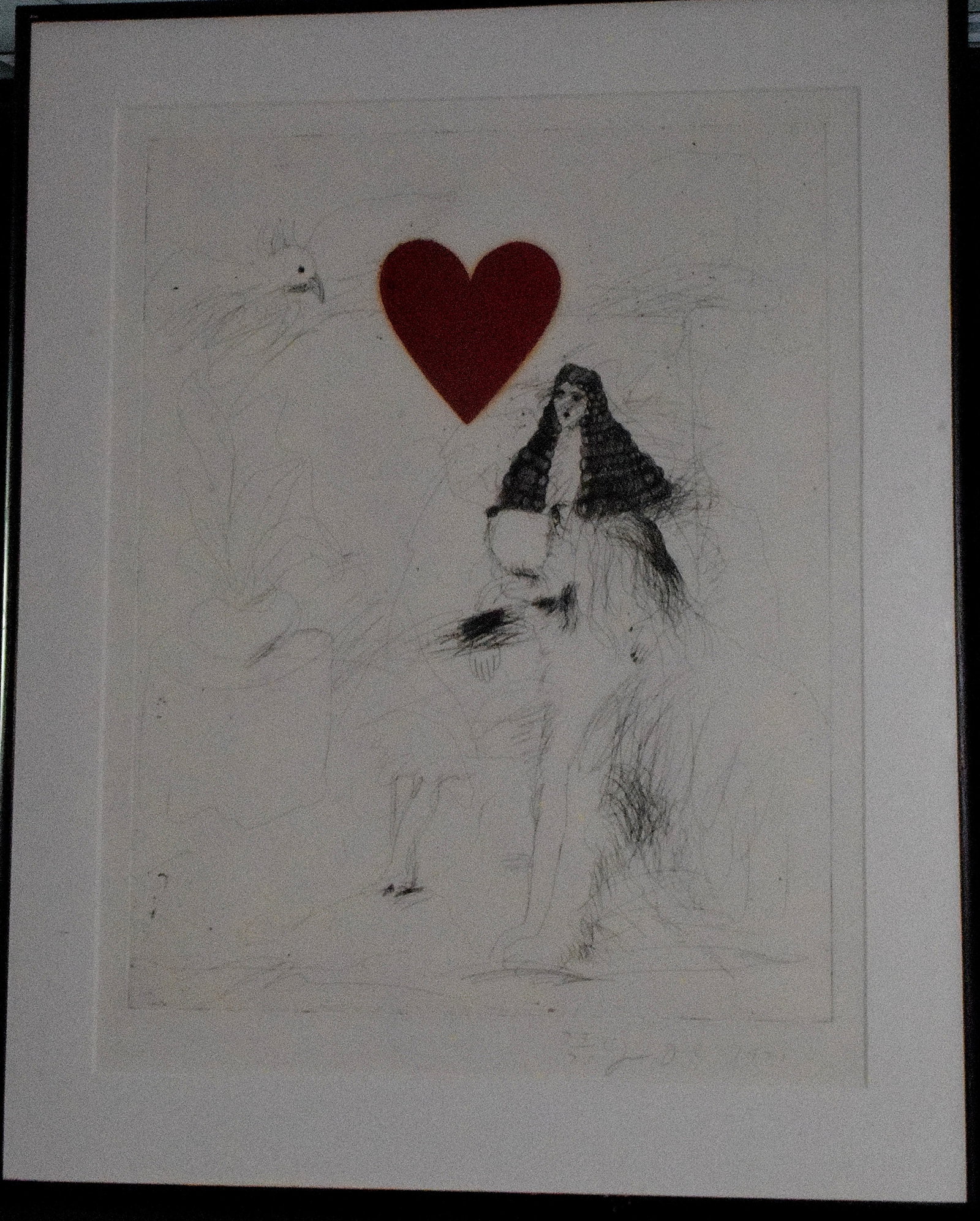JIM DINE GIRL WITH HER DOG 1971 LIMITED EDITION: Jim Dine. Large etching and acquatint in color and black and white. Title "Girl with Her Dog". 1971. Signed in pencil and dated 1971 lower right. Number 73/75. Image 27 inches x 21 1/2 inches.Professi
