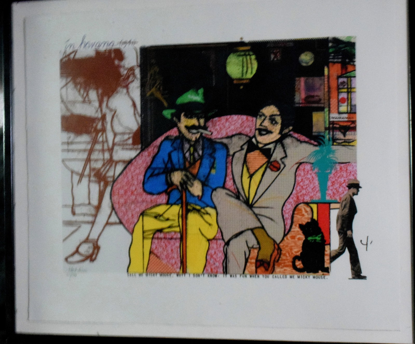 RICHARD MERKIN LIMITED EDITION POP ART PRINT: Richard Merkin (1938-2009, Brooklyn, NY). Limited Edition pop art print on paper. Titled "In Havana" 1941 (crossed out because it was earlier. Colorful cartoon like image of 2 smiling mensitting on a 