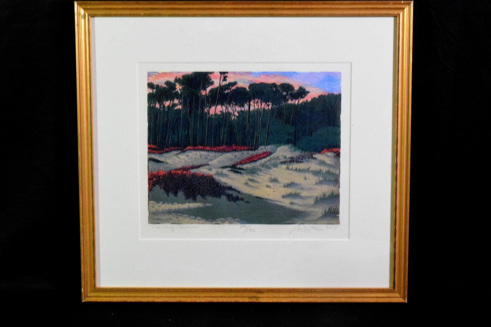 GORDON MORTENSEN REDUCTION WOODCUT PRINT: Gordon Mortensen (b. 1938). One of the best know reduction woodcut artists in the United States. Smaller size reduction woodcut limited edition print. Titled in pencil lower left "EveningDunes". Numbe