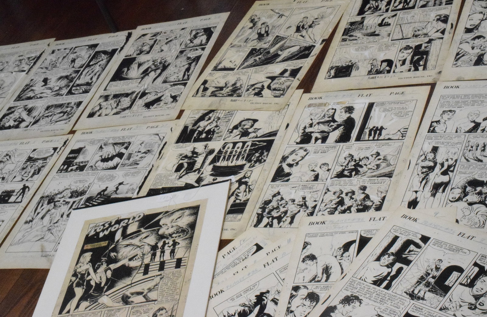 PLANET COMICS #36 ORIGINAL COMIC ART: "The Lost World" original art from Planet Comics, published by Fiction House Inc. Writing by "Thornecliffe Herrick", illustrations done by Rudy Palais, Graham Ingels, Lily Renee and GeorgeEvans. Art i