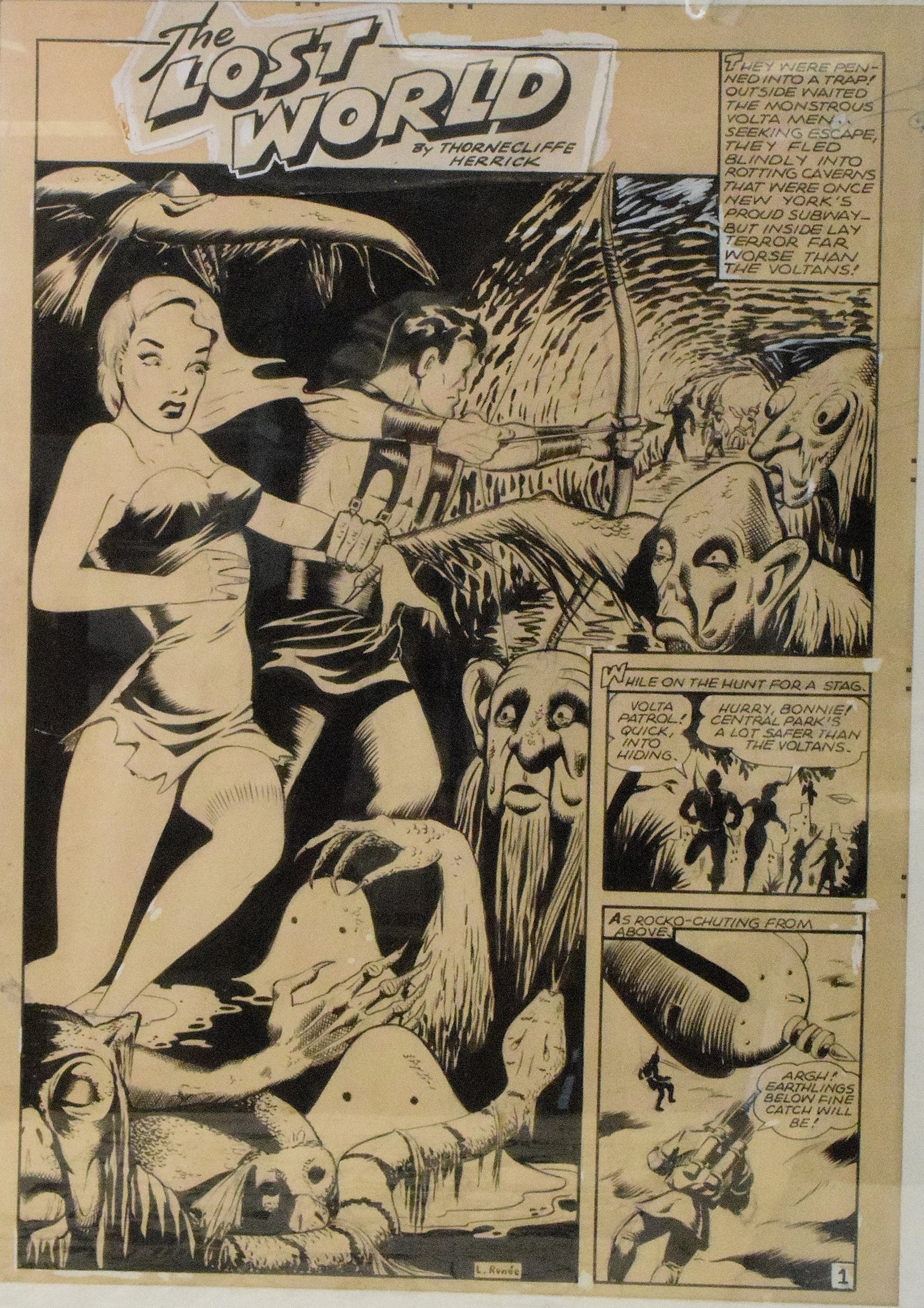 PLANET COMICS #40 ORIGINAL COMIC ART: The Lost World" #40 original art from Planet comics, published by Fiction House Inc. Writing by "Thornecliffe Herrick", illustrations done by Rudy Palais, Graham Ingels, Lily Renee and GeorgeEvans.
