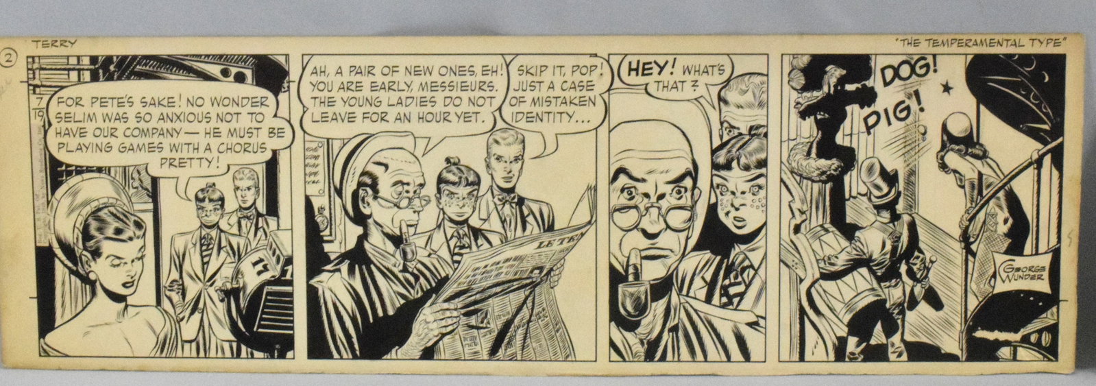 GEORGE WUNDER ORIGINAL COMIC ART: "Terry and the Pirates" by George Wunder (1912 - 1987) an American cartoonist best known for this work. 2 pieces of original comic art, one has number 2 written at top left and the other 4,believed