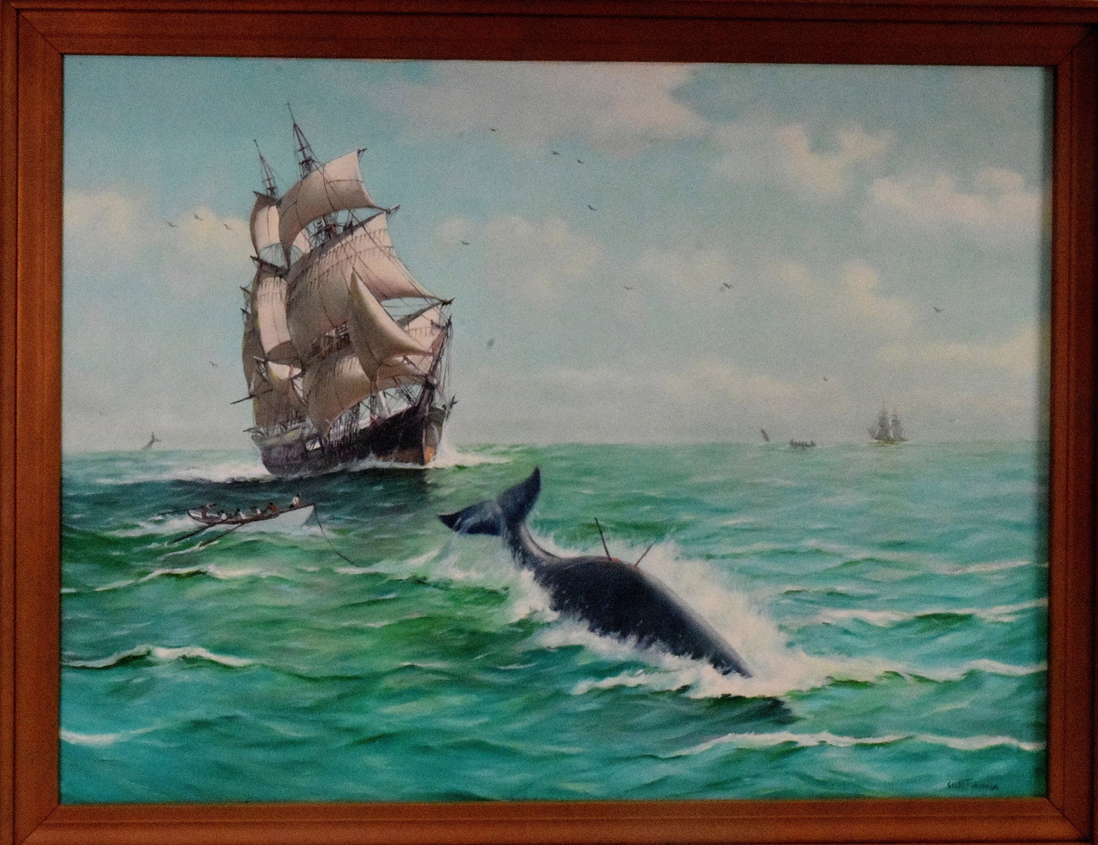 H. SYLVA FERNANDES WHALING PAINTING: H. Silva Fernandes (American 20th century). Oil on canvas. Image 30 inches x 40 inches. Signed lower right Sylva Fernandes. Frame 34 inches x 44 inches. Came from a Martha Vineyard Estate.