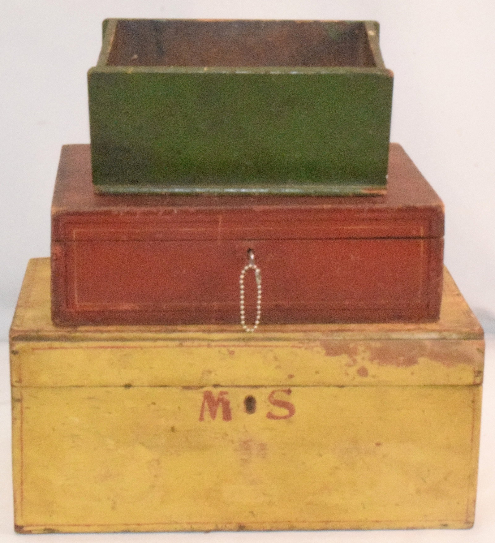 ASSORTMENT OF THREE 19TH CENTURY AMERICAN BOXES: Assortment of three early 19th century American items. (1), Antique yellow painted American wooden box, Some wear, and has " M S " stencil on the front, No key, Measures 7 " x 14 1/2 ". 2),Decorative