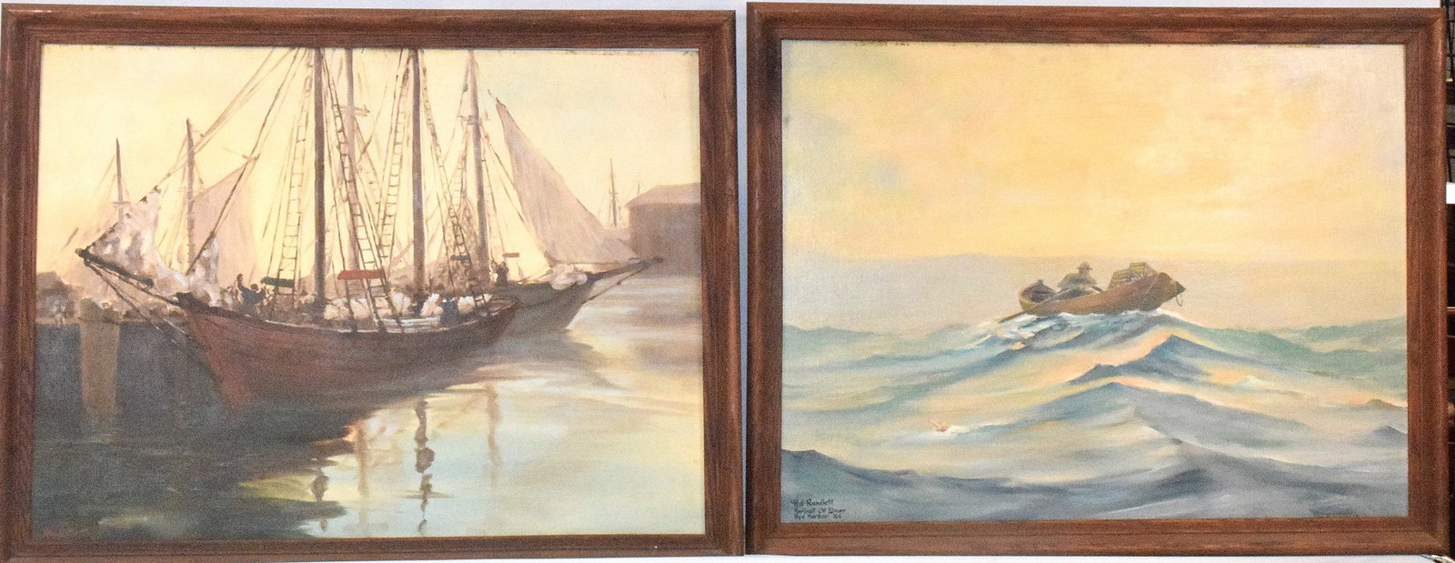 2 HAROLD RUNDLETT OIL PAINTINGS: Both paintings are oil on board. One painting is titled "Portrait of Elmer Rye Harbor" dated 1944 and signed by artist. Features a scene with a man in a rowboat, rowing through the harbor, appearsto b