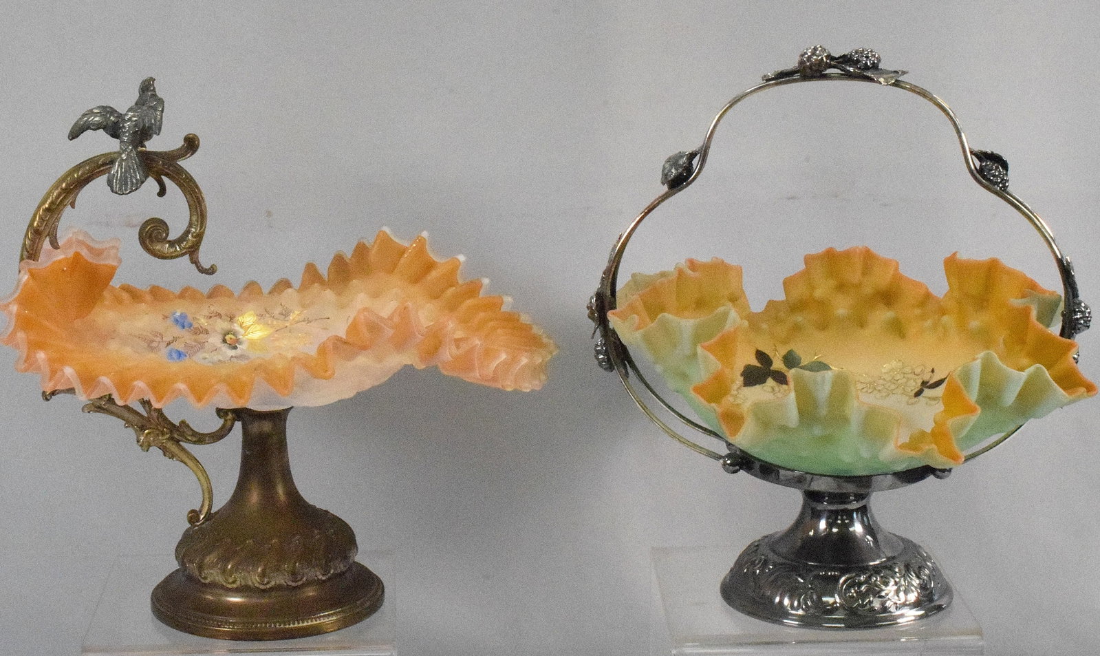 2 VICTORIAN BRIDE'S BOWL & BASKET: One piece has a peach colored bowl around he outer edges and has a pink overtone towards center of bowl. and a ruffled and crimped rim. Features floral designs around the center of the bowl. Sits