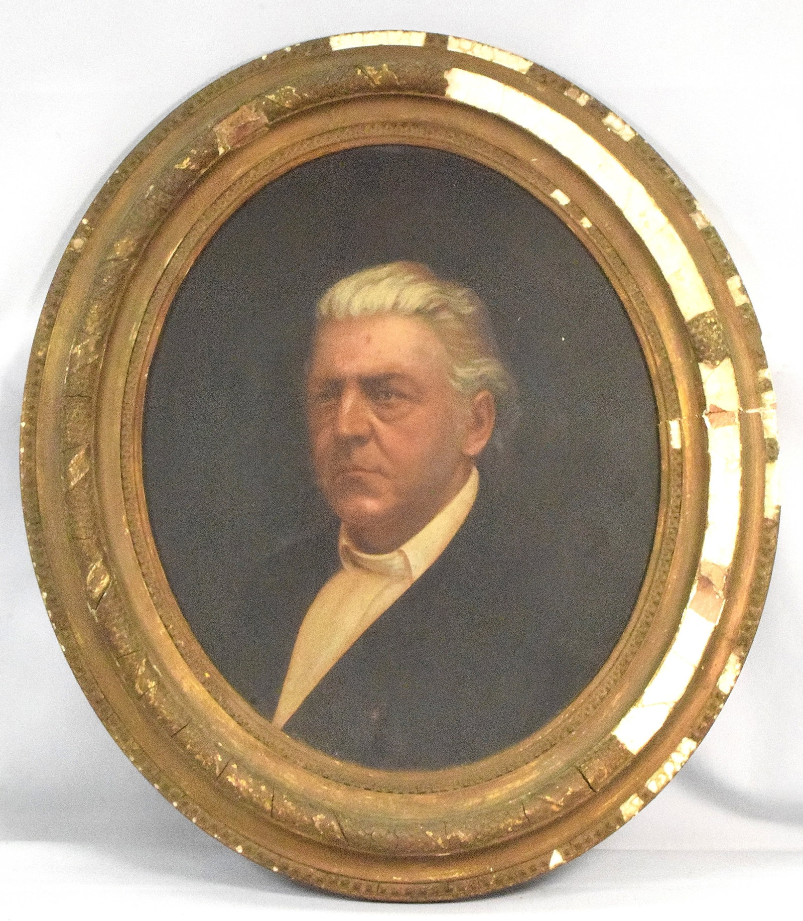 19TH/20TH OVAL AMERICAN SCHOOL PORTRAIT PAINTING: ca 19th/20th century. American School oval portrait painting on artist board. Image approx. 16 inches x 13 inches. Not sure if artist initials. Frame 24 inches x 20 inches. Frame very rough. As is.