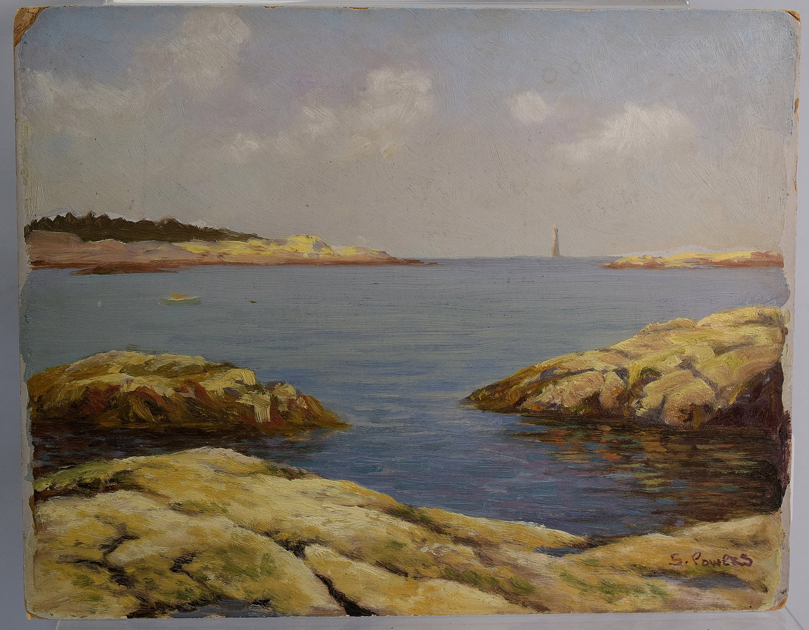 S. POWERS COASTLINE OIL PAINTING: Signed S. Powers. Depicts a Rocky coastline inlet with lighthouse in distance. Signed lower right. Not framed. Image 8 1/2 x 10 1/2 inches. Some loss on sides and top left corner. Painting on artist b