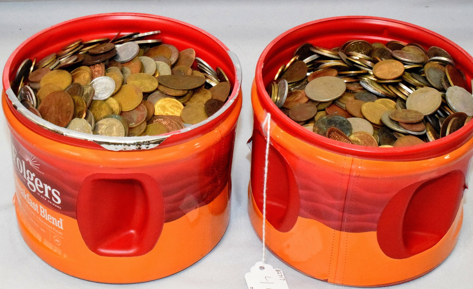 2 PLASTIC 5 POUND COFFEE CANS OF FOREIGN COINS (1 of 3)