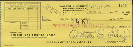 1966 Walt Disney Personal Signed Check: 1/14/1966 Walt Disney Personal Signed CheckVintage personal check for $6727.00 dated January 14, 1966 to the Internal Revenue Service, signed in blue ink by master animator and producer Walt Disney. H