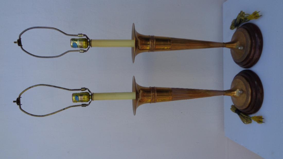 Pair Vintage Bronze Trumpet Wood Base Table Lamp (1 of 11)