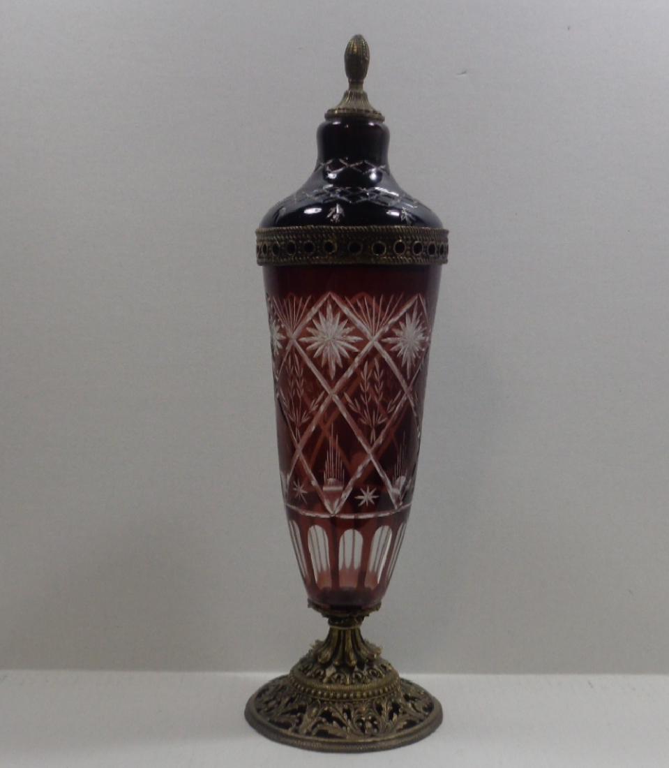 Large Red Crystal and Bronze Vase/ Lid. (1 of 6)