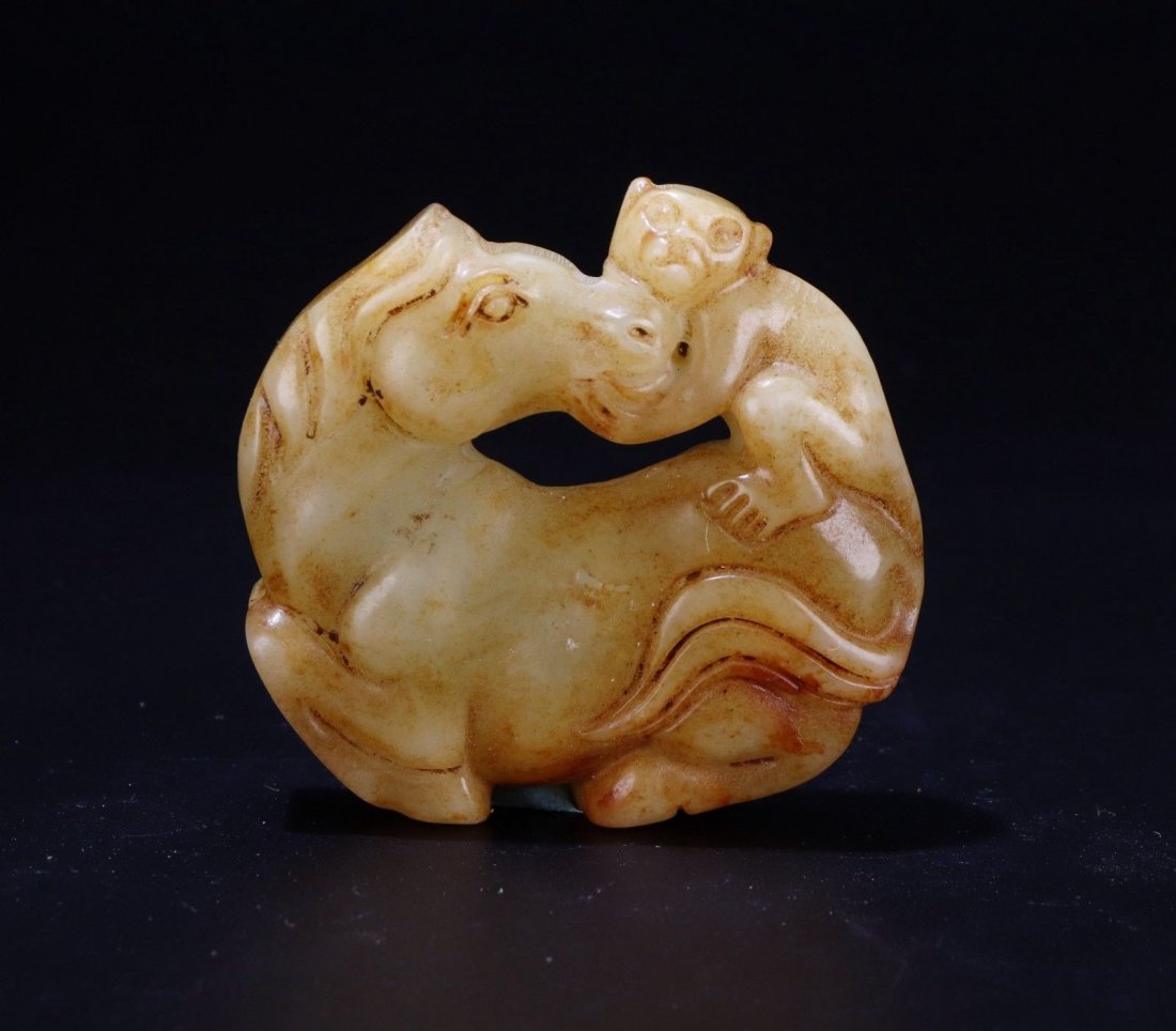 Old Chinese Carved Natural Jade Pendant Monkey & Horse (1 of 2)