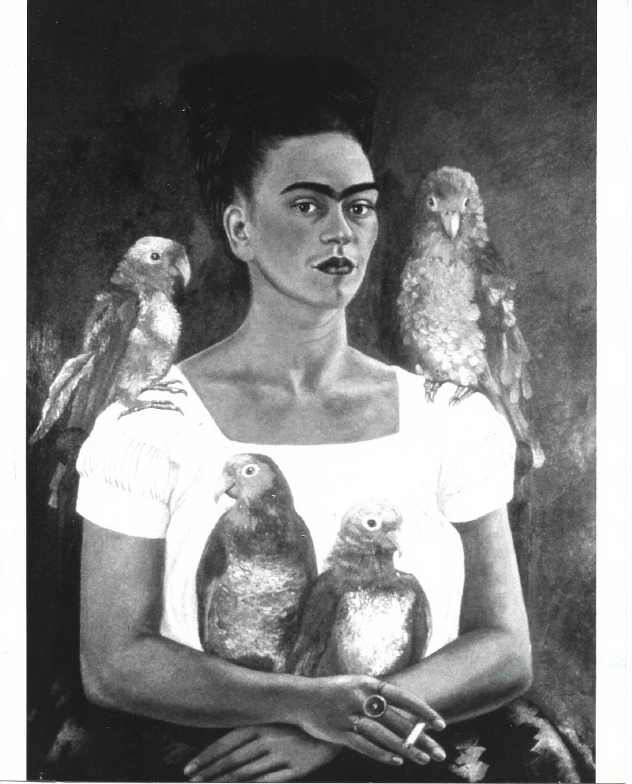 1989 Press Photo Artist Frida Kahlo 'Me and My Parrots': 1989 Press Photo Artist Frida Kahlo 'Me and My Parrots' - hca25302. . Size: 8 x 10.25 in. Note: Please study the images carefully to determine the condition of this vintage photograph, as it may not b