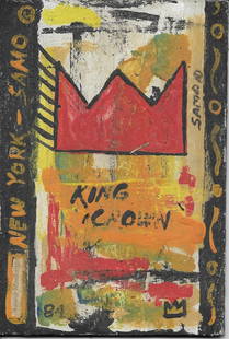 Jean-Michele Basquiat NYC Street Art Postcard Painting: Jean-Michele Basquiat NYC Street Art Postcard Painting. Original Hand Painting on Thick Cardboard. Approx Measurements: 4 x 6 inches. Great Collector Investment Piece. PostCard SAMO Portfolio