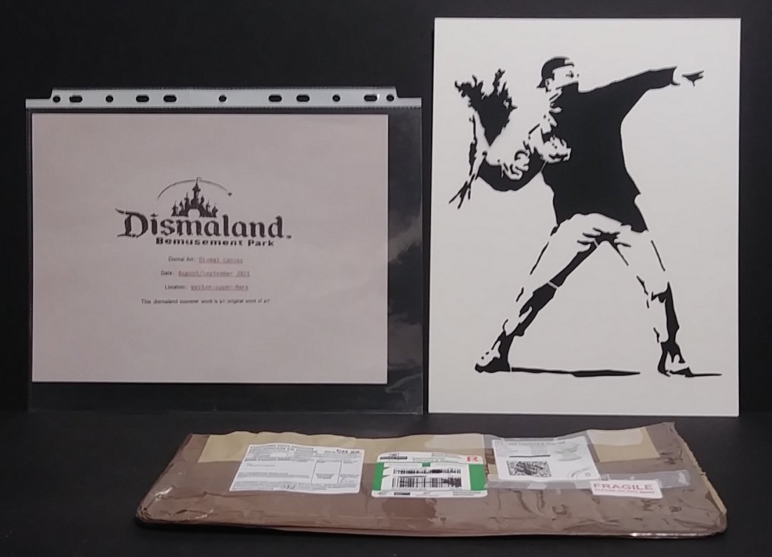 Banksy, Spray Paint Stencil on Tick Paper - Dismaland: Banksy, Spray Paint Stencil on Tick Paper - Dismaland Souvenir. Approx Size: 8 1/2 x 11 inches. Provenance: UK Consignor. NOTE:What is shown in photo is everything we receive. This comes from our cons