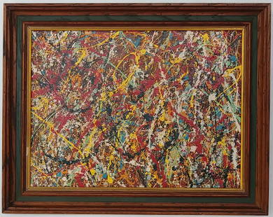 1951 Jackson Pollock Abstract Painting Signed: 1951 Jackson Pollock Abstract Painting Signed - Support Carboard - Approx Painting Size: 18 x 24 Inches. Wood Frame 29 x 23 x 2 Inches. it is being sold in the manner of the artist.good condition. see