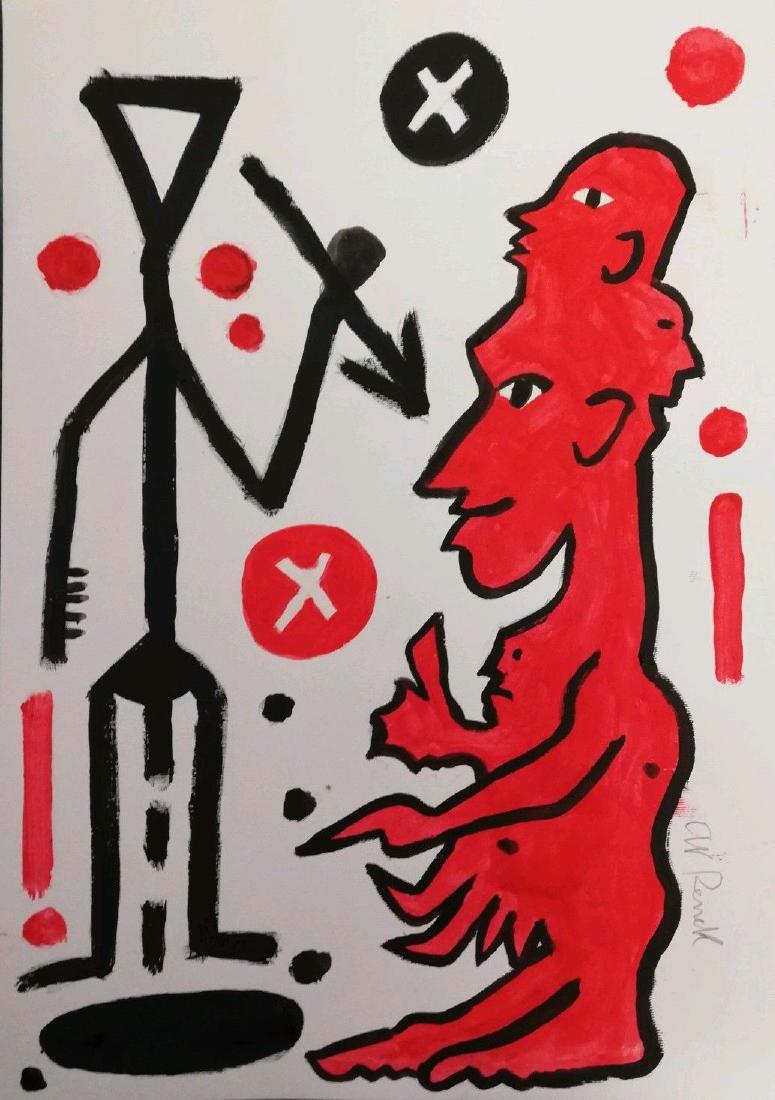 Expressionist Modern A R Penck painting (Untitled): Expressionist Modern A R Penck painting (Untitled). Size: 12 x 16 In. it is being sold in the manner or style of the artist.100% Hand Painting