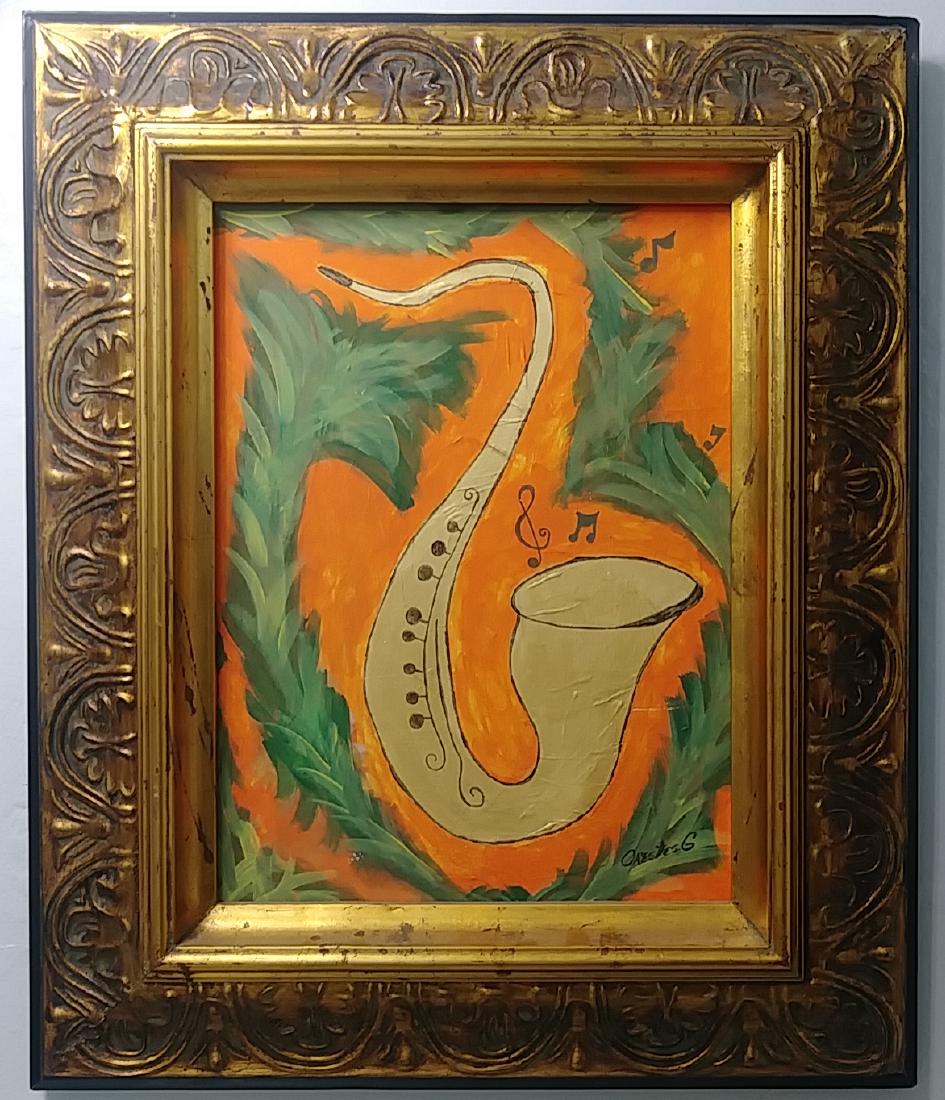Original Hand Painted Jazz Saxophone Broadway Signed: Original Hand Painted Jazz Saxophone Broadway Signed- Approx Painting Size: 16 x 20 Inches. SolidWood Frame 19 1/4 x 23 1/4 Inches