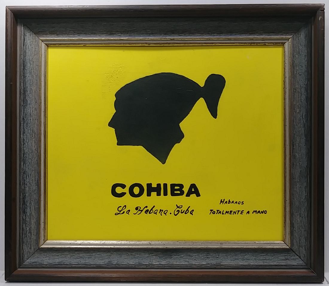 Cohiba Cigar Habana Cuba Advertisement Signed: Cohiba Cigar Habana Cuba Advertisement Signed painted on Wood Board. Approx Painting Size: 17 x 14 in . Frame Approx: 21 1/2 x 18 1/2