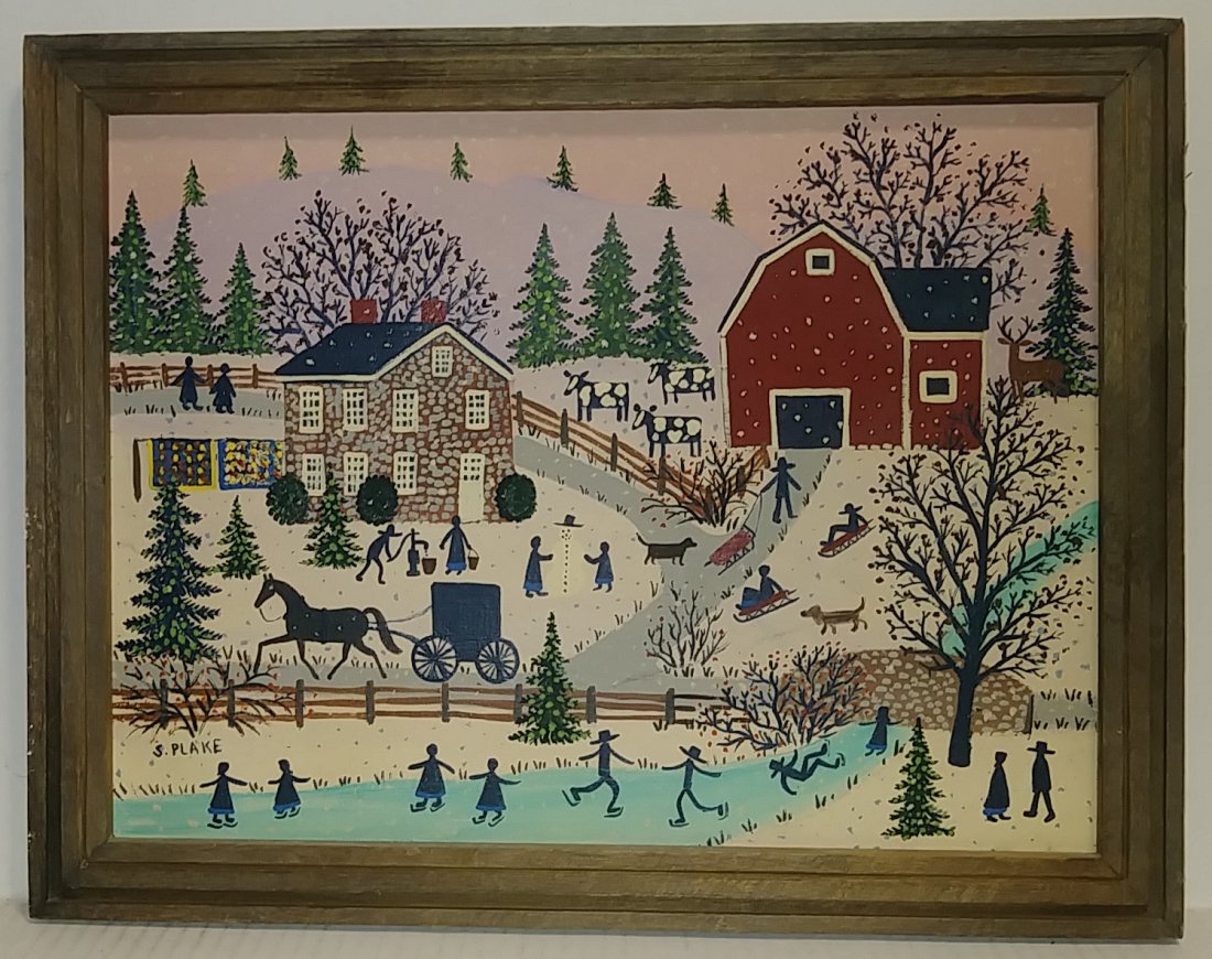 Original Susan Plake Folk Art Painting on Masonite: Original Susan Plake Folk Art Painting on Massonite - Amish Country Scene. Approx Painting Size: 16 x 12 - Approx Frame Size: 18 x 14 Inches. Good condition. See Photos