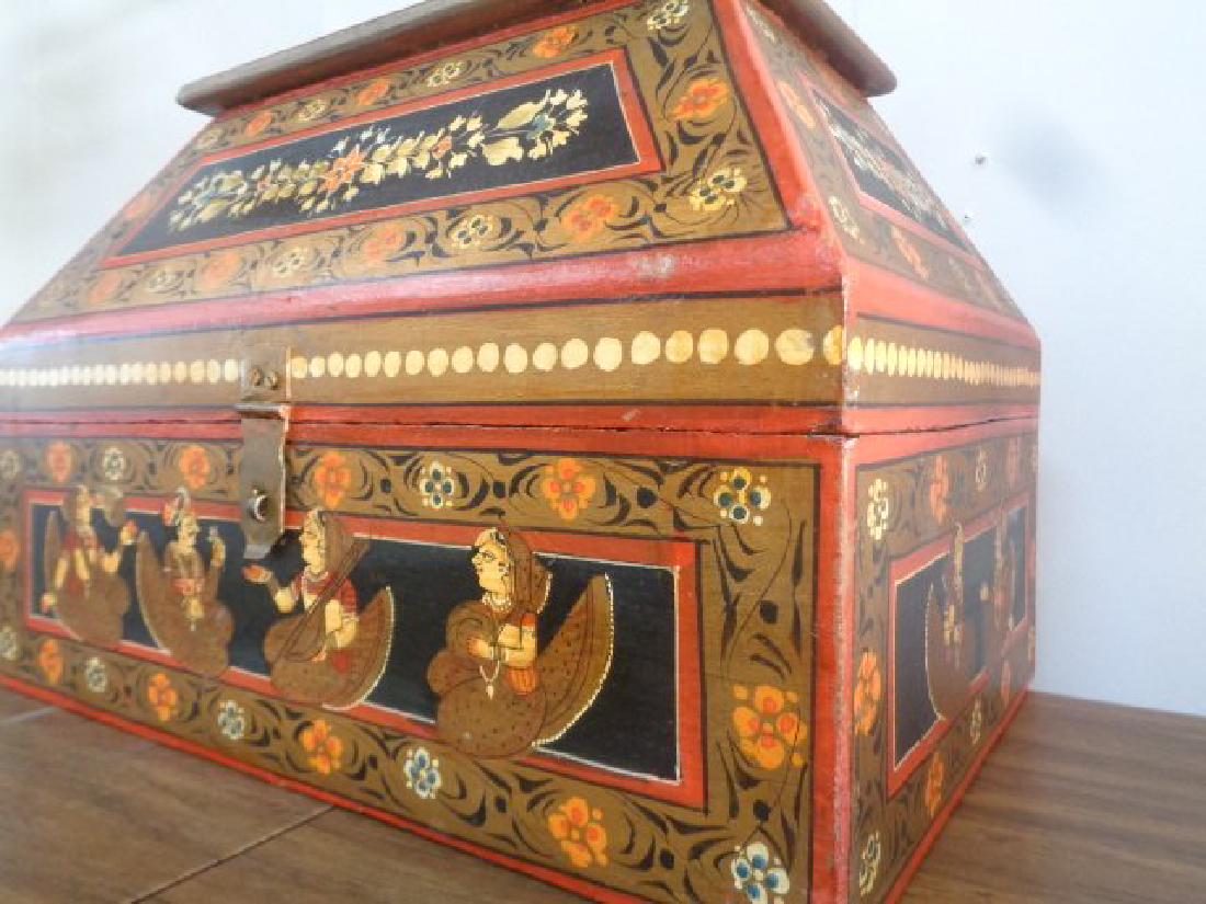 Hand Painted Rajasthani Large Wooden Box: Hand Painted Rajasthani Large Wooden Box. This unique, colorful and highly stylized hand-painted wooden box, depicts images of traditional Indian people of the Rajasthani area. Each are beautifully pa