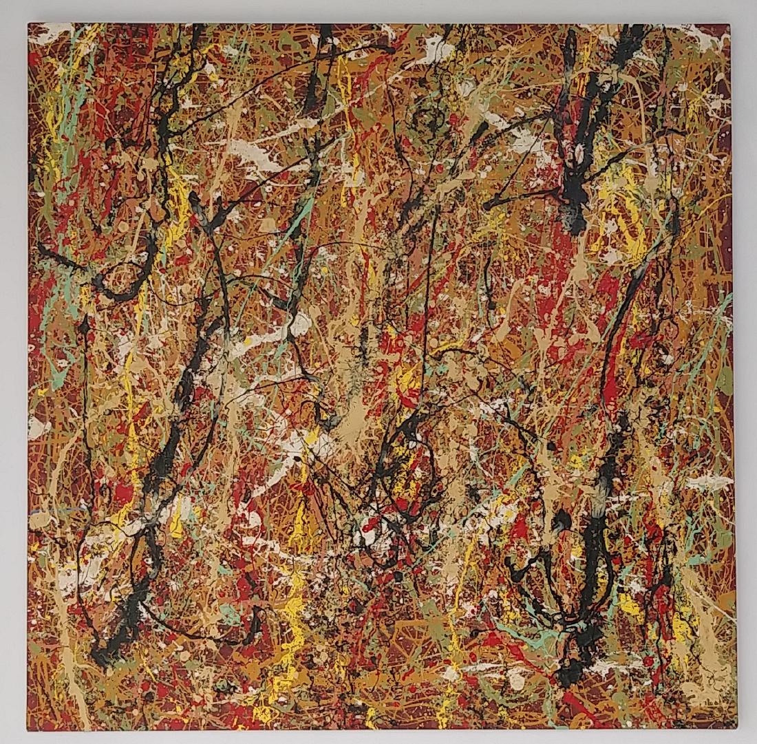 After Jackson Pollock Abstract Painting on Canvas: After Jackson Pollock Abstract Painting on Canvas - Approx Painting Size: 36 x 36 Inches. Stamped on Back: Good condition. see photos.