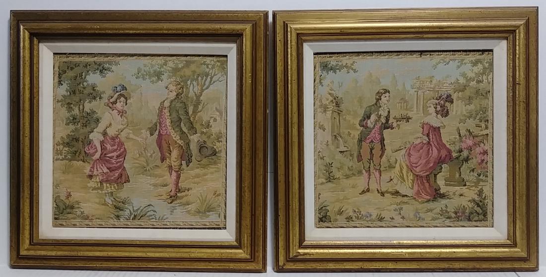 Lot of 2 Vintage Framed Tapestry Romantic Victorian Sce: Lot of 2 Vintage Framed Tapestry Romantic Victorian Scene EACH Approx Window Size: 9 1/2 x 9 1/2 - Approx Frame Size: 14 x 14 x 1 1/4.Inches. Good condition. See photos