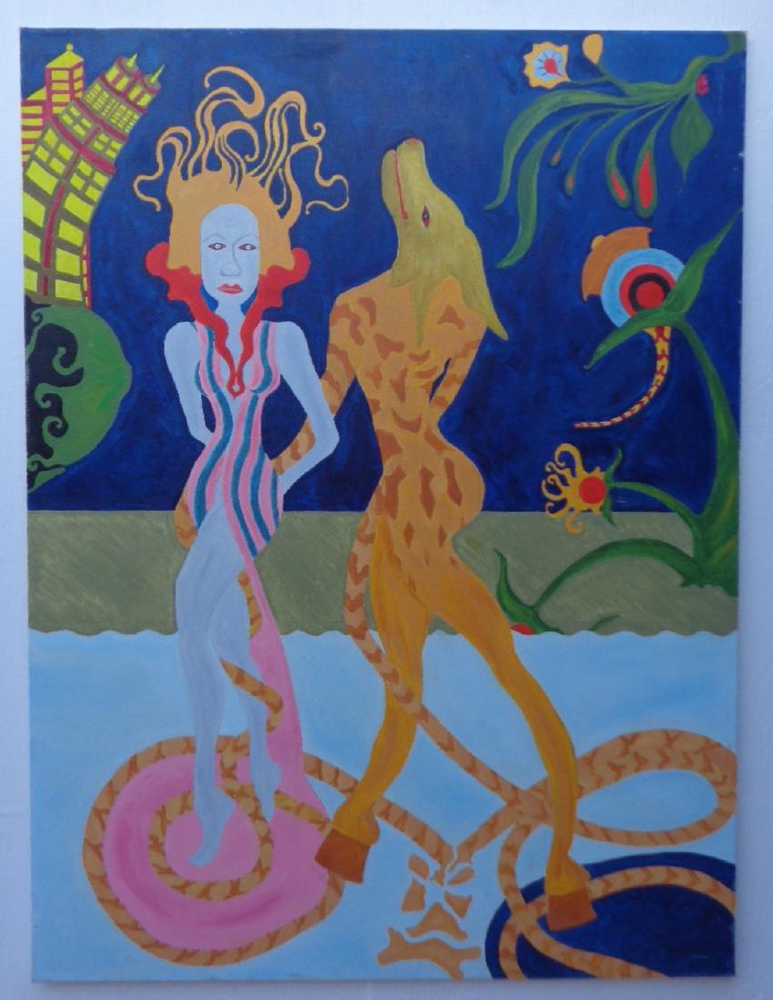 Large Original Surreal Oil Painting Signed: Large Original Oil Painting on canvas, of an elegant and beautiful still life offset by a seductive and surreal element. freedom of surrealistic creativity, energy and many other ideas than this image