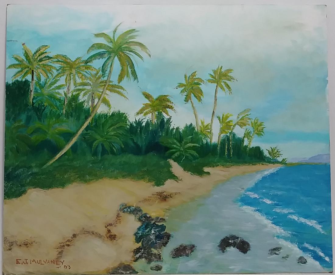Beach Shore Caribbean-Hawaii Oil Painting on Masonite: Beach Shore Caribbean-Hawaii Oil Painting on Masonite. Approx Painting Size: 24 x 20 inches. Good Condition.