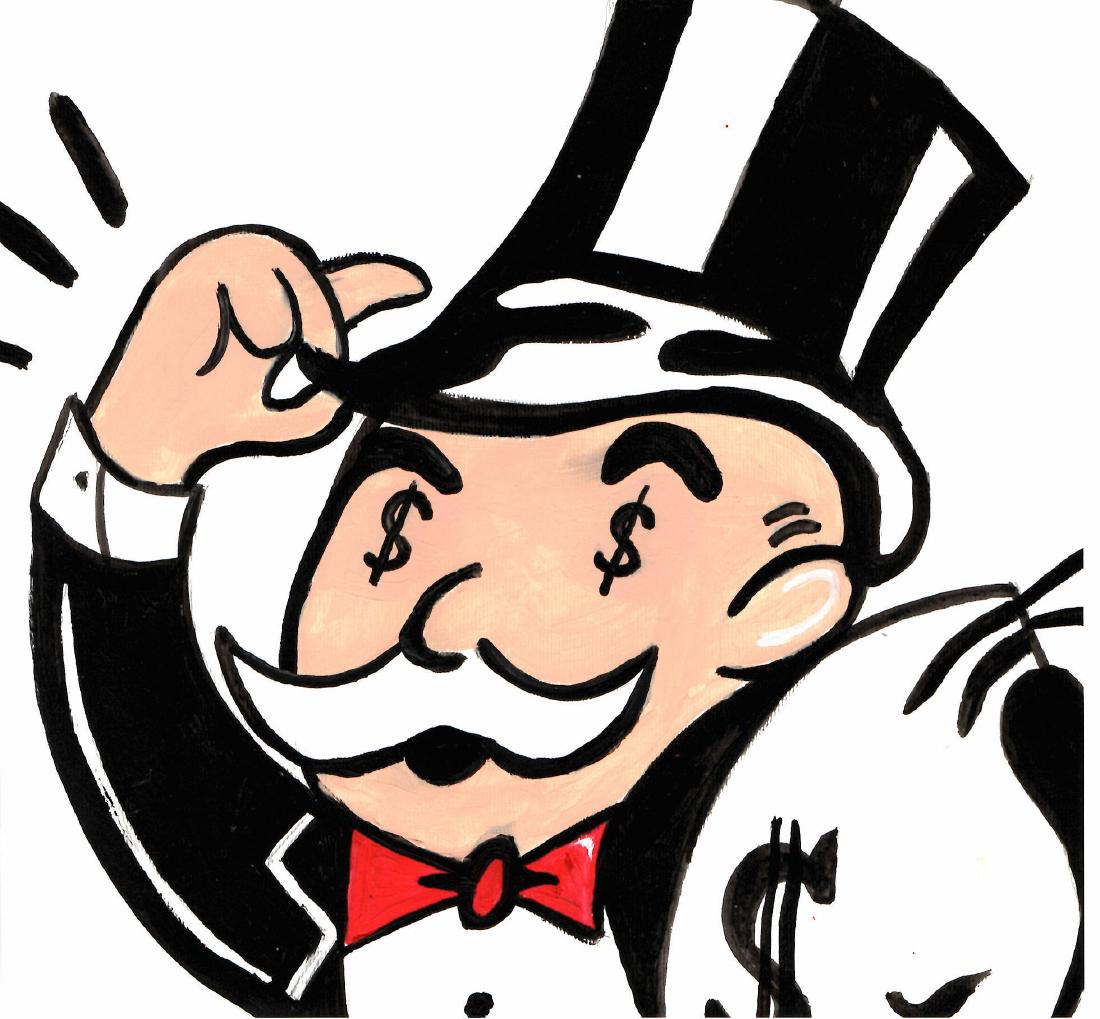 Neo Expressionist Alec Monopoly Art Painting on Tick P: Neo Expressionist Alec Monopoly Art Painting on Tick Paper. Watercolor-Ink Mixed media. Appx Painting Size. 9 3/4 x 9 inches. This is a hand-painted painting, not an impression of any kind. It is sold