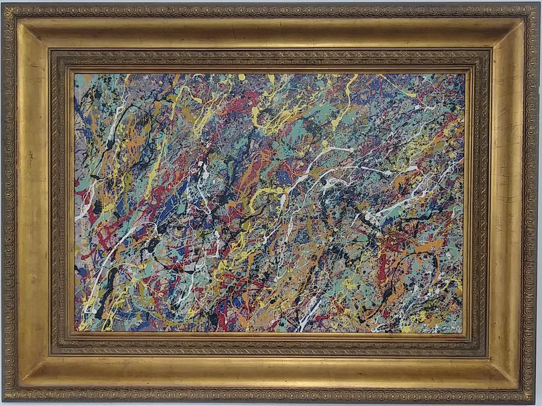 Jackson Pollock After Abstract Painting on Canvas: Jackson Pollock After Abstract Painting on Canvas - Approx Painting Size: 24 x 36 Inches. Wood Frame: 36 x 48 x 3 Inches. From the Estate of New York Collector. Stamped on Back: Good condition. see ph