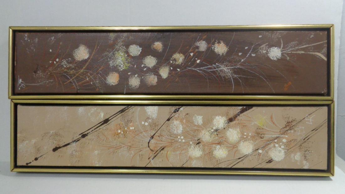 Lee Reynolds Burr (1936-) Painting: Mid Century Original Signed Lee Reynolds Burr (1936-) Vanguard Studios Beverly Hills California 2pc Painting collection mural in original wood frames Measurements: 7" x 31" x 2" Each painting. Retro b