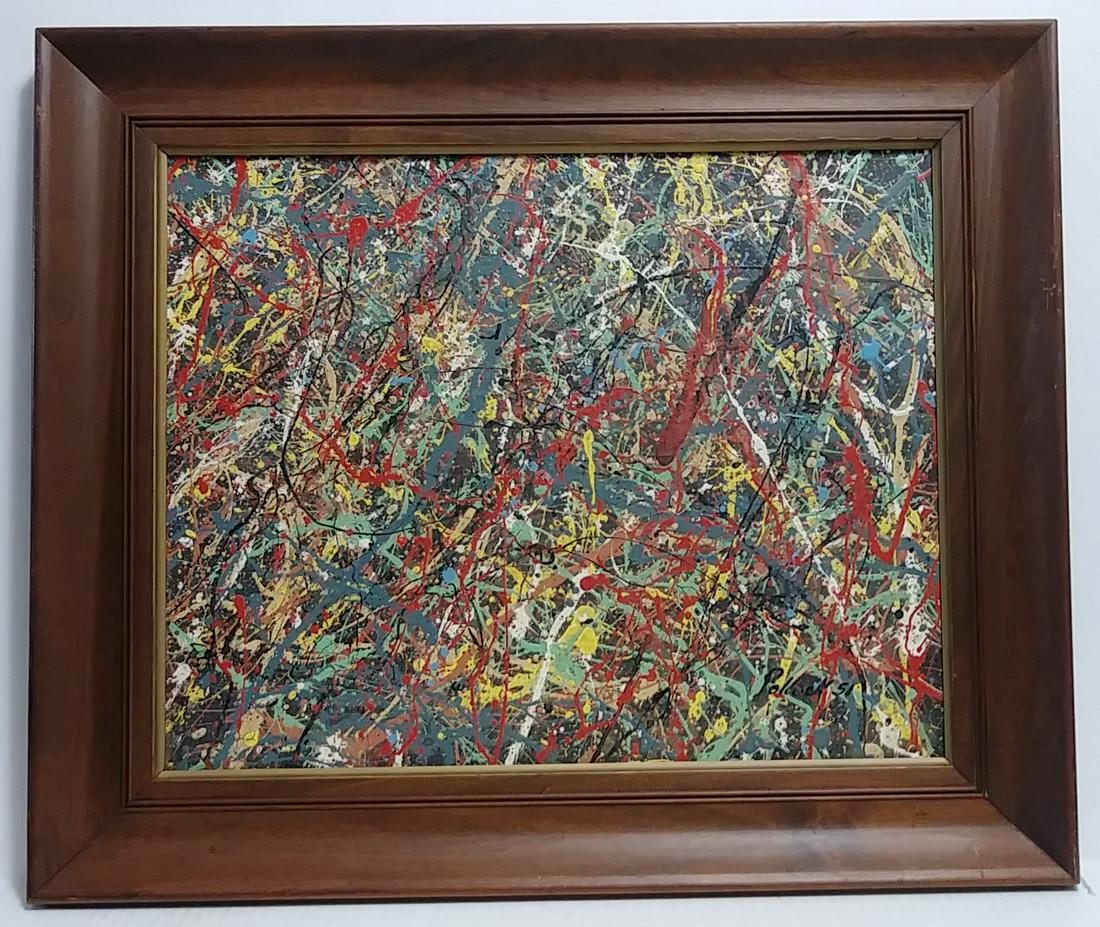 Jackson Pollock After Untitled Abstract Drip Painting: Jackson Pollock After Untitled Abstract Drip Painting on Canvas - Approx Painting Size: 24 x 20 Inches. - Approx Frame Size: 25 x 21 x 2 Inches.Stamped on Back: Painting is done in the modern, abstrac