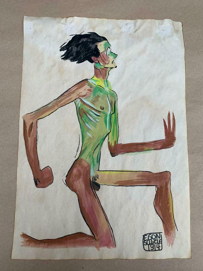 Egon Schiele After Nude Self-Portrait Drawing Expressio: Egon Schiele After Nude Self-Portrait Drawing Expressionism Surrealism Painting. Size: 8 x 11 1/2 Inches. it is being sold in the manner or style of the artist.ink - watercolor on paper shows some imp