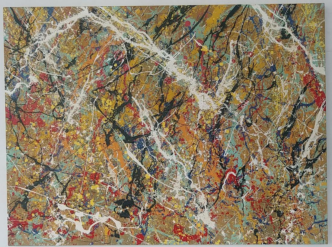 Jackson Pollock After Untitled Abstract Painting: Jackson Pollock After Untitled Abstract Expressionism Drip Painting on Canvas. Approx Painting Size: 40 x 30 Inches.Stamped on Back: Painting is done in the modern, abstract expressionist style for wh