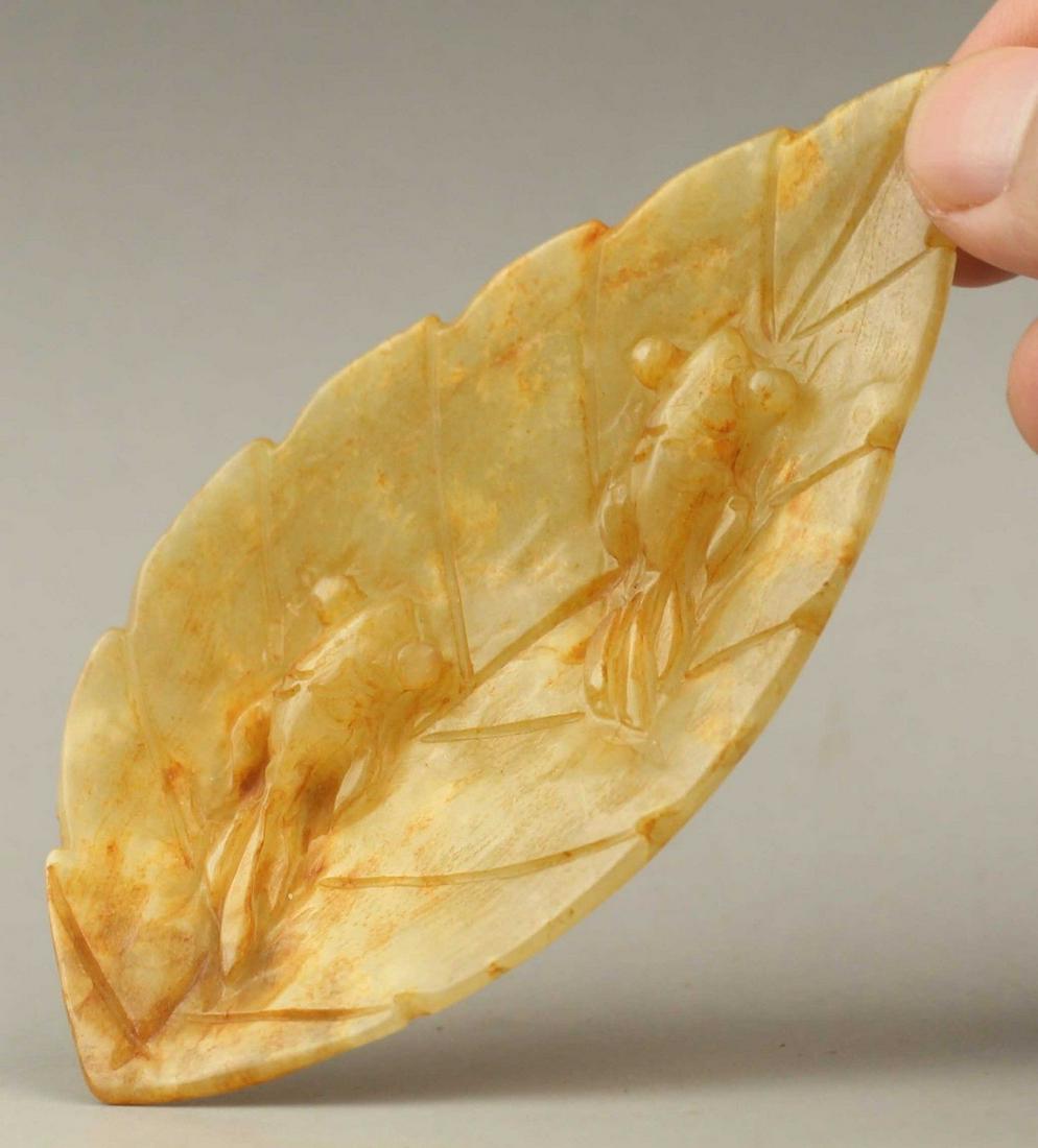 Chinese Old Natural Jade Hand-Carved Double Fish on Lea: Chinese Old Natural Jade Hand-Carved Double Fish on Leaf Pendant. Approx Size: 3.7 x 1.8 x 0.3 inch