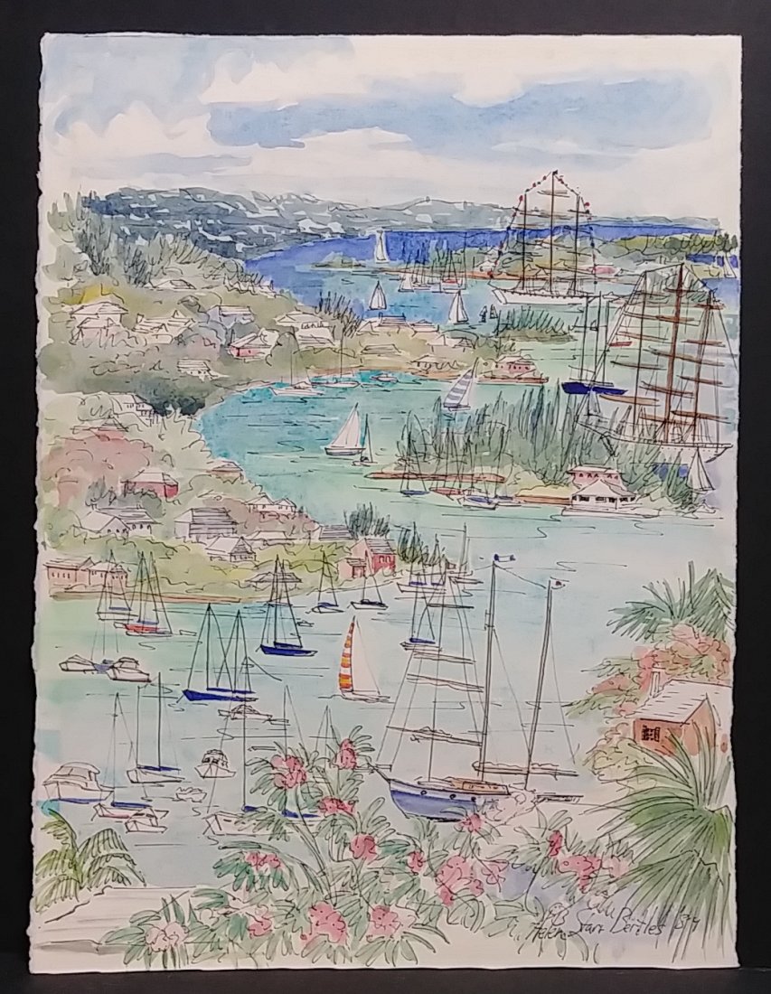 Helen Starr Bertles Ink-Watercolor Painting: Helen Starr Bertles Ink-Watercolor Painting . This watercolor painting depicts Tropical Hamilton Bermuda Harbor Caribbean Island Waterfront Seascape surrounded by lush water with docked boats and moun