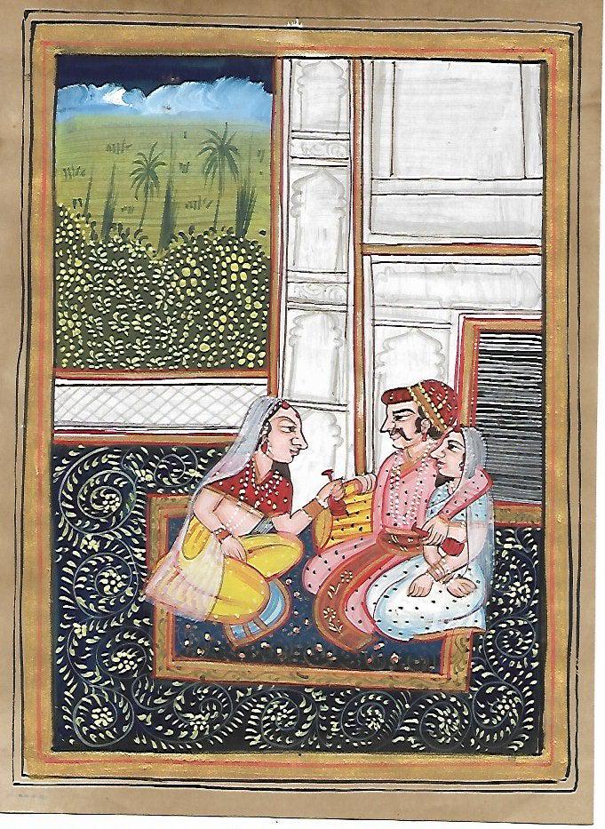 Moghul Badshah Emperor Harem Painting: Moghul Badshah Emperor Harem Painting on Paper - Size: Art Work: 6 3/4 x 9 1/4 inches. History & Origin. Before the rise of the Mughal Empire in India, the Delhi Sultanate ruled over most parts of the