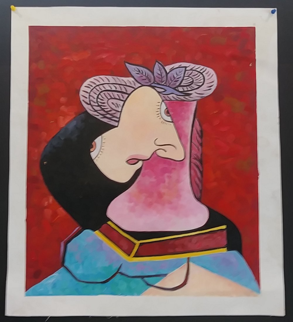 PABLO PICASSO CUBISM OIL PAINTING: PABLO PICASSO CUBISM OIL PAINTING. Approx Painting Size: 24 x 16 Inches.1 1/2 INCH BLANK BORDER. This work is being offered as-is, as in manner of or as after the artist. Good condition. see photos