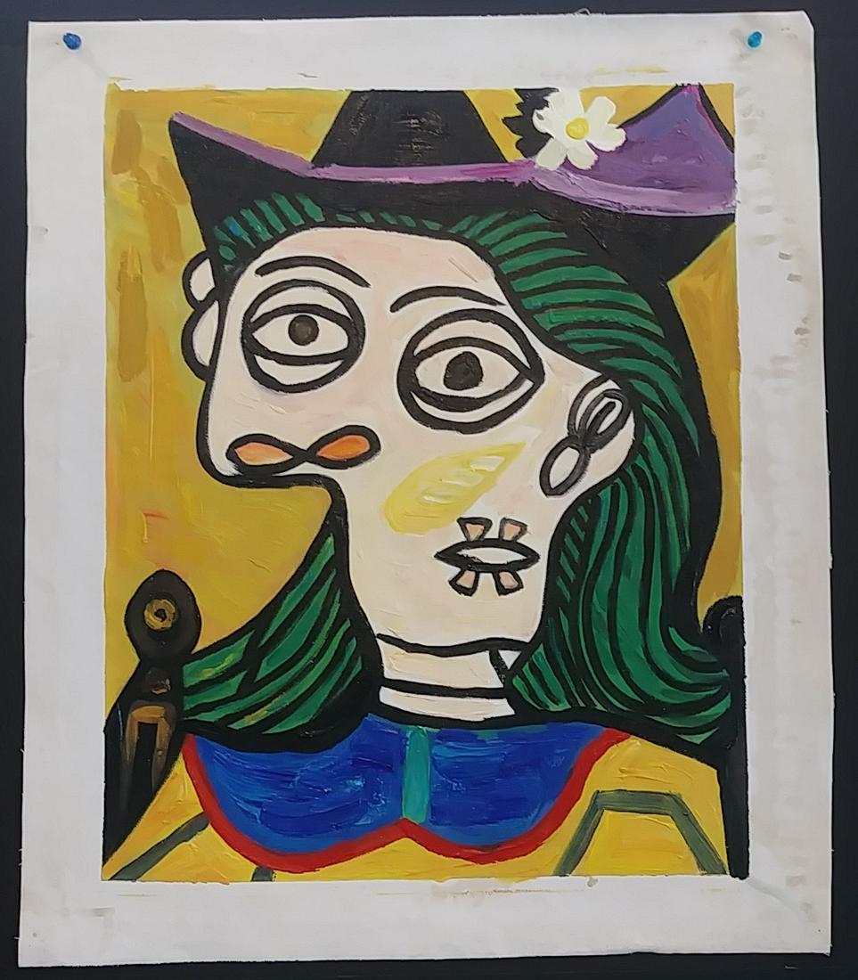 PICASSO ABSTRACT EXPRESIONISM OIL PAINTING ON CANVAS: PABLO PICASSO CUBISM OIL PAINTING. Approx Painting Size: 20 x 16 Inches.1 INCH BLANK BORDER. This work is being offered as-is, as in manner of or as after the artist. Good condition. see photos