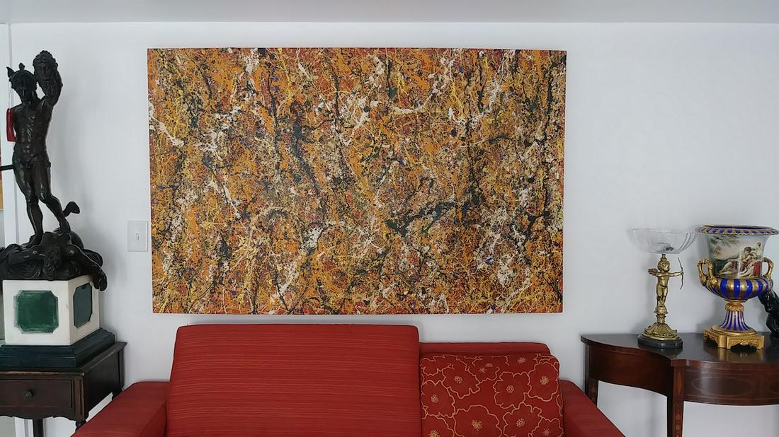 1951 Jackson Pollock (Attrib) Untitled Abstract: 1951 Jackson Pollock (Attrib) Untitled Abstract Painting on Canvas - Approx Canvas Size: 83 x 59 Inches.Stamped on Back. It is being sold in the manner or style of the artist after. Good condition. Se