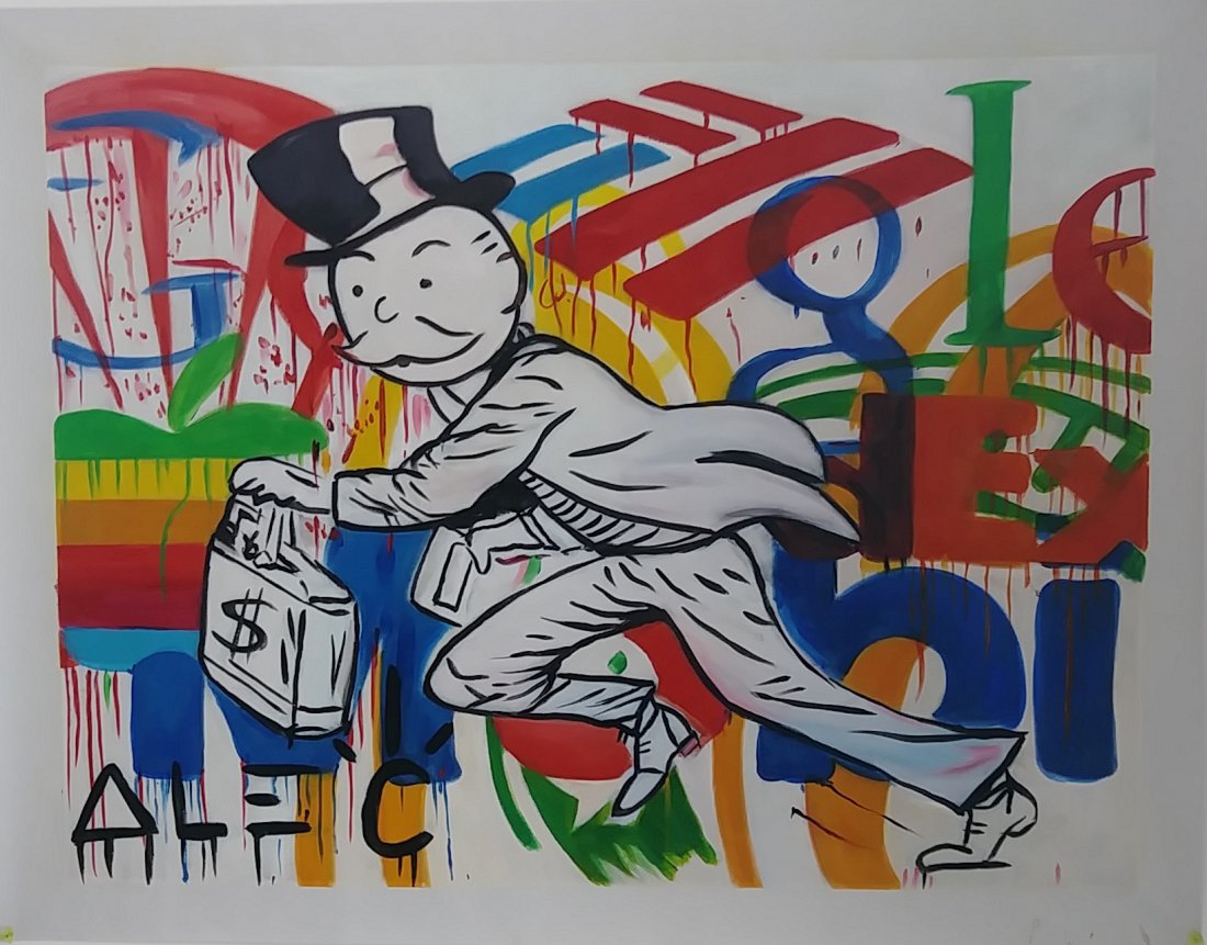 Alec monopoly Oil Painting on Canvas: Alec monopoly Oil Painting on Canvas.In the Style Of. Canvas Size: 32 x 24 inches. Good Condition. We pack & Ship for you. We take care of the shipping services in house. This painting will be packed