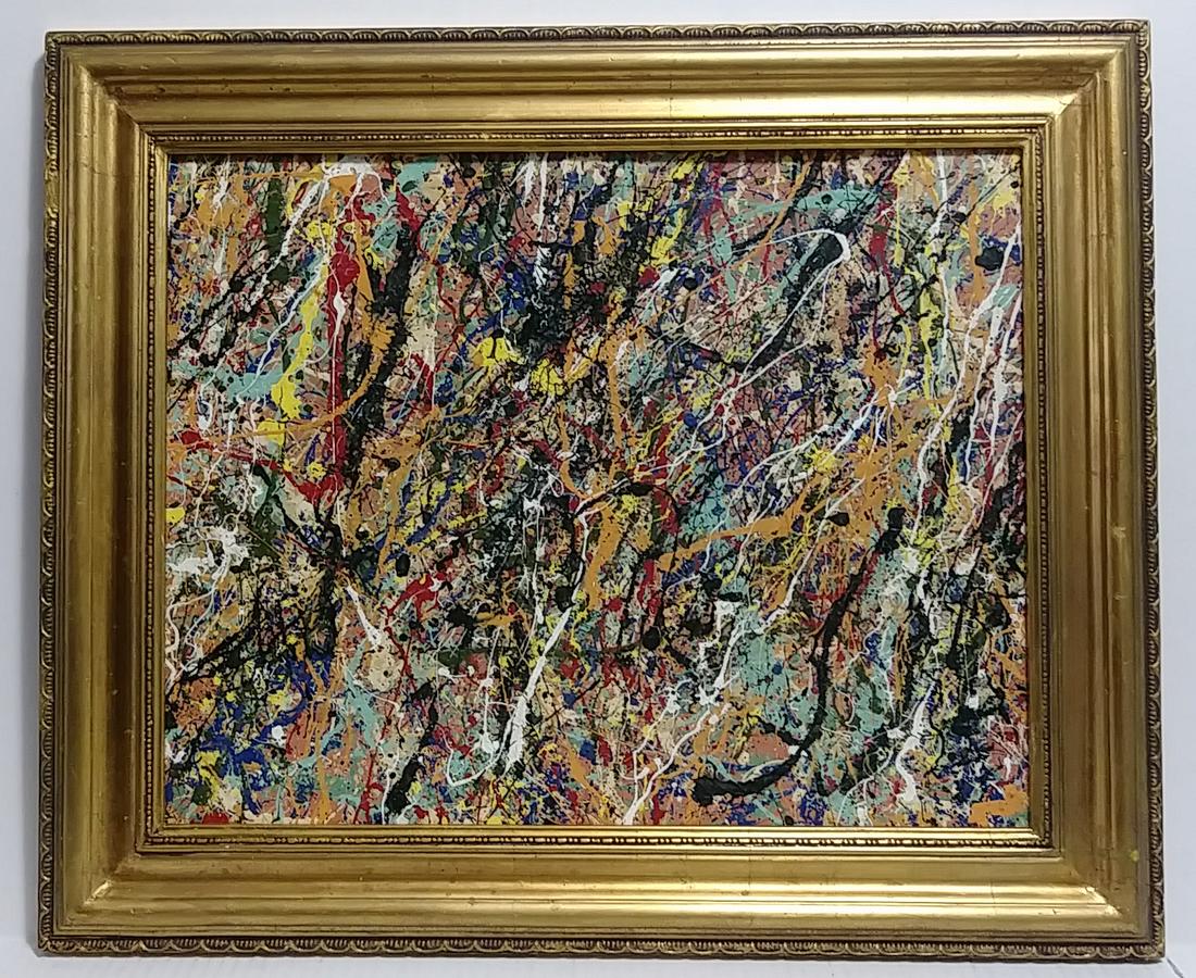 Jackson Pollock After. Framed Abstract Painting: Jackson Pollock After. Framed Abstract Painting - Support: Plywood Hard board - Approx Painting Size: 20 x 16 Inches. Wood Frame: 25 x 21 x 2 Inches. From the Estate of New York Collector. Stamped on 