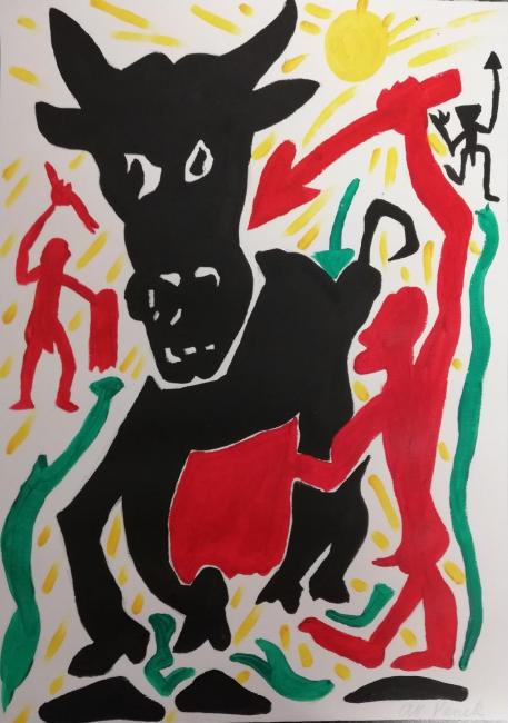 Expressionist After A R Penck Large Painting Drawing: Neo Expressionist After A R Penck Painting Drawing (Untitled). Size: 11 3/4 x 16 1/2 In. 100% Hand Painted