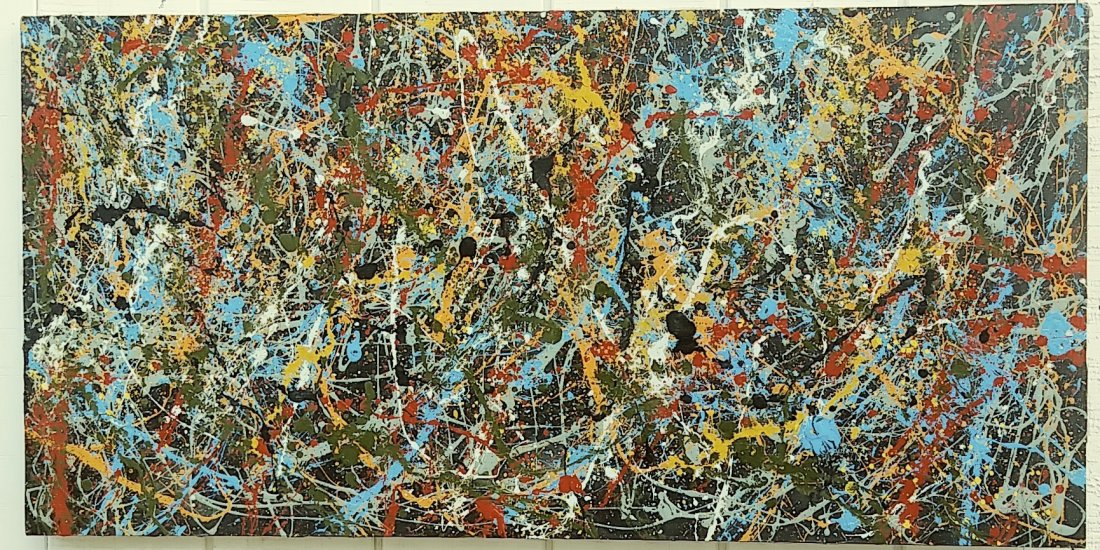 JACKSON POLLOCK ABSTRACT MODERNIST PAINTING: JACKSON POLLOCK AFTER ABSTRACT MODERNIST PAINTING ON CANVAS - Approx Canvas Size: 48 x 24 Inches.Stamped on Back : . It is being sold in the manner or style of the artist. Good condition. See photos. 