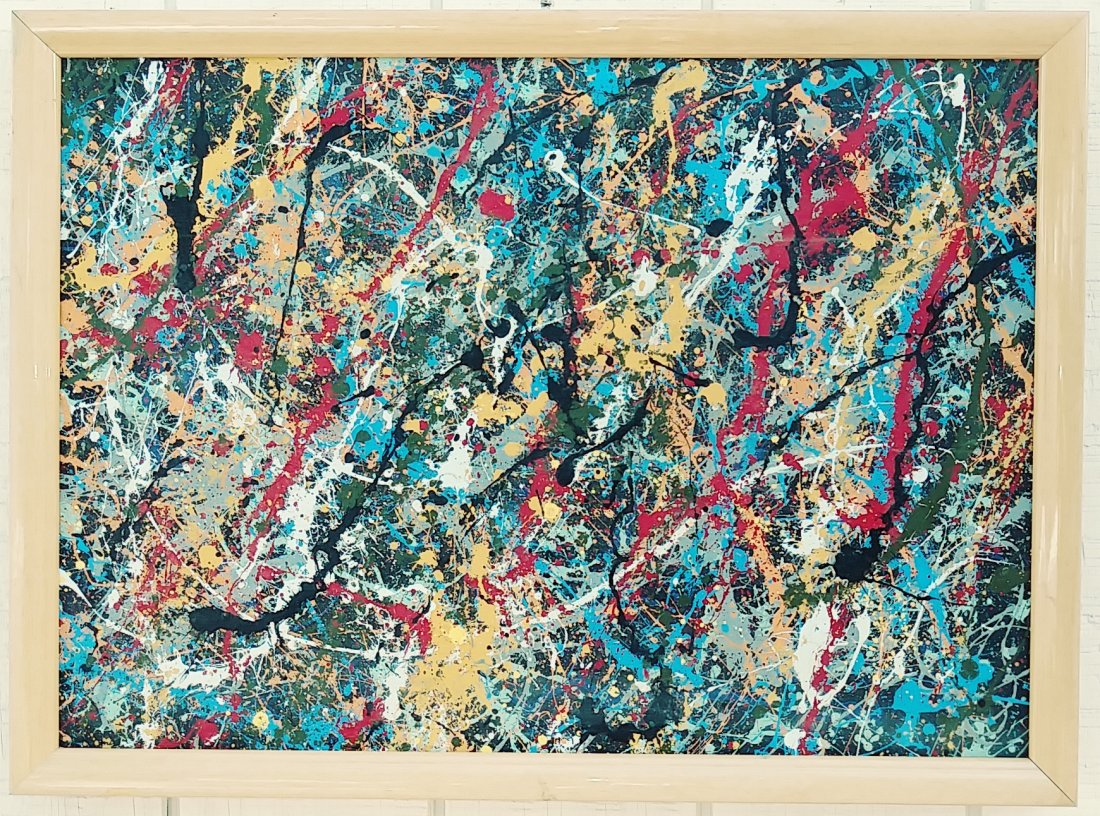 Jackson Pollock Framed Contemporary Abstract Painting: Jackson Pollock Framed Contemporary Abstract Painting on Woodboard - Approx Painting Size: 20 1/2 x 28 1/2 - Approx Frame Size: 22 1/2 x 30 1/2 x 2 inches. Stamped on reverse. - See Photos. Good condi