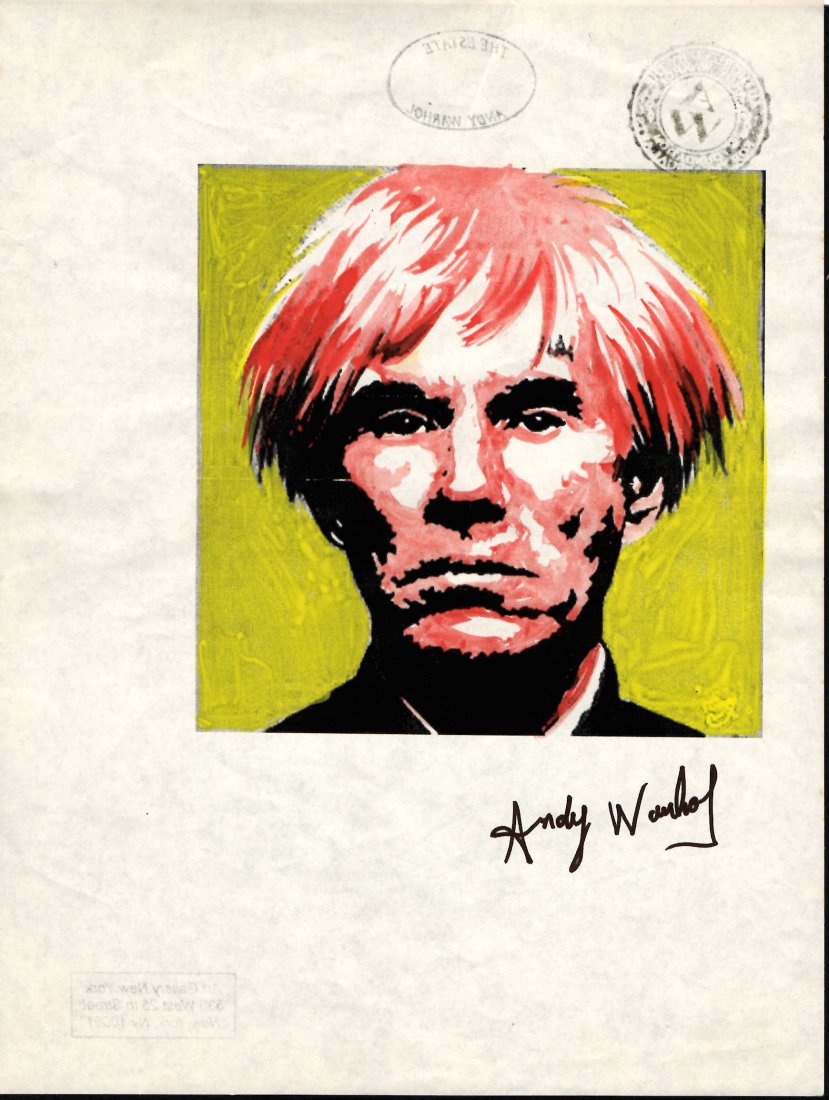 Signed Andy Warhol Mixed Media on Paper. On verso: Signed Andy Warhol Mixed Media on Paper. On verso, also stamp inscribed Authorized by the Andy Warhol . Approx Size: 10 3/4 x 8 1/2 inches. Provenance: This item has limited provenance from an Upper N