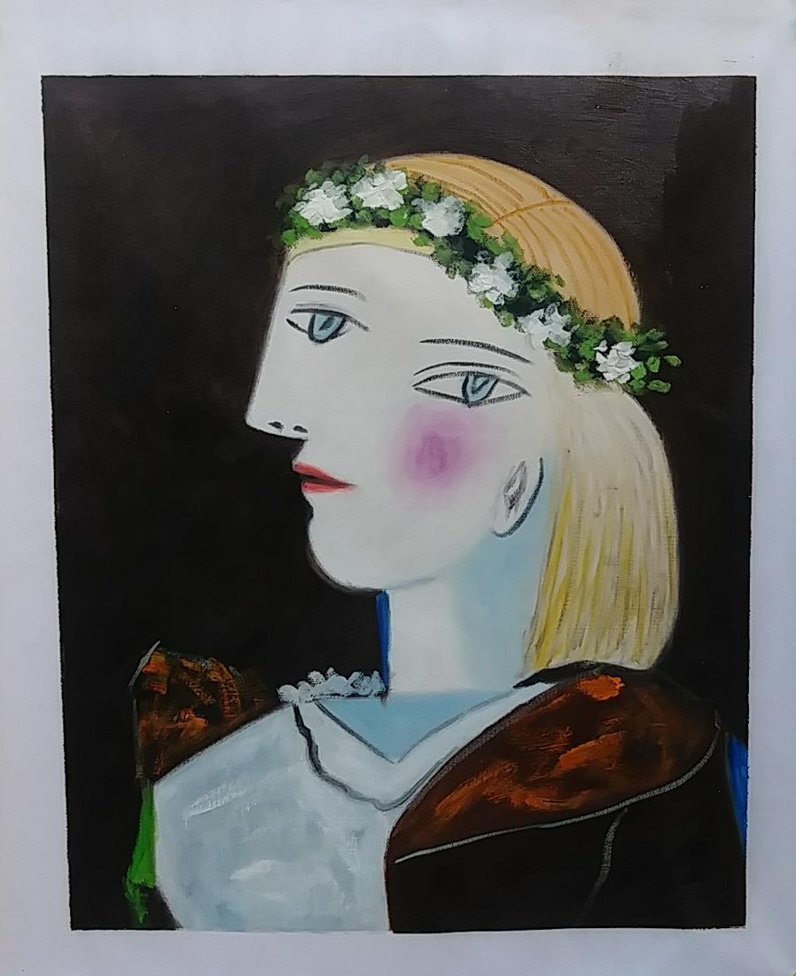 PABLO PICASSO CUBISM OIL PAINTING ON CANVAS: PABLO PICASSO CUBISM OIL PAINTING. Approx Painting Size: 20 x 16 Inches +1 1/2 INCH BLANK BORDER. This work is being offered as-is, as in manner of or as after the artist. Good condition. see photosit
